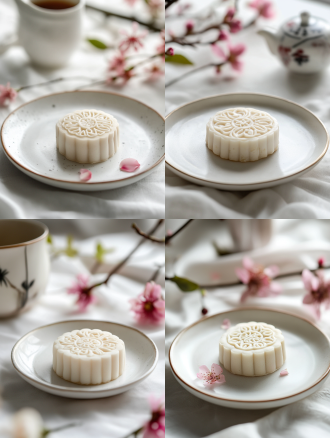 月饼产品摄影，白色盘子，小花背景，浅色电商场景，电影灯光，柔和高分辨率，细节丰富，专业色彩分级，超现实库存照片，白色背景，自然光，微距镜头，静物，精致，诱人。宁静氛围，白色背景，微距镜头拍摄，清新。