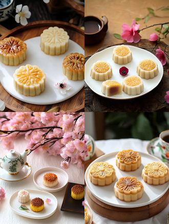 月饼产品摄影，白色盘子，小花背景，浅色电商场景，电影灯光，柔和高分辨率，细节丰富，专业色彩分级，超现实库存照片，白色背景，自然光，微距镜头，静物，精致，诱人。宁静氛围，白色背景，微距镜头拍摄，清新。