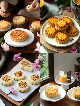 月饼产品摄影，白色盘子，小花背景，浅色电商场景，电影灯光，柔和高分辨率，细节丰富，专业色彩分级，超现实库存照片，白色背景，自然光，微距镜头，静物，精致，诱人。宁静氛围，白色背景，微距镜头拍摄，清新。