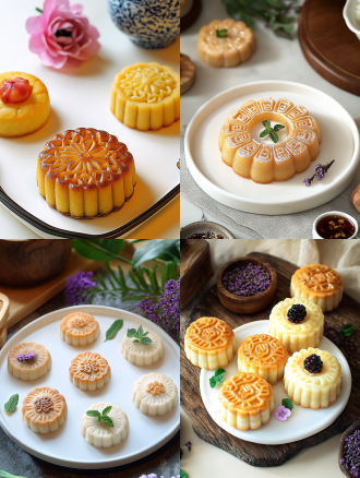 月饼产品摄影，白色盘子，小花背景，浅色电商场景，电影灯光，柔和高分辨率，细节丰富，专业色彩分级，超现实库存照片，白色背景，自然光，微距镜头，静物，精致，诱人。宁静氛围，白色背景，微距镜头拍摄，清新。