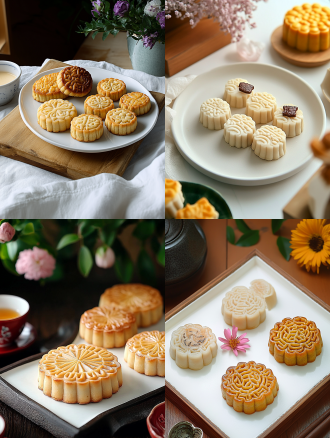 月饼产品摄影，白色盘子，小花背景，浅色电商场景，电影灯光，柔和高分辨率，细节丰富，专业色彩分级，超现实库存照片，白色背景，自然光，微距镜头，静物，精致，诱人。宁静氛围，白色背景，微距镜头拍摄，清新。