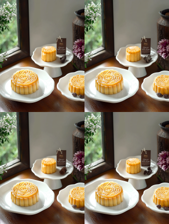 月饼产品摄影，白色盘子，小花背景，浅色电商场景，电影灯光，柔和高分辨率，细节丰富，专业色彩分级，超现实库存照片，白色背景，自然光，微距镜头，静物，精致，诱人。宁静氛围，白色背景，微距镜头拍摄，清新。