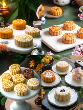 月饼产品摄影，白色盘子，小花背景，浅色电商场景，电影灯光，柔和高分辨率，细节丰富，专业色彩分级，超现实库存照片，白色背景，自然光，微距镜头，静物，精致，诱人。宁静氛围，白色背景，微距镜头拍摄，清新。