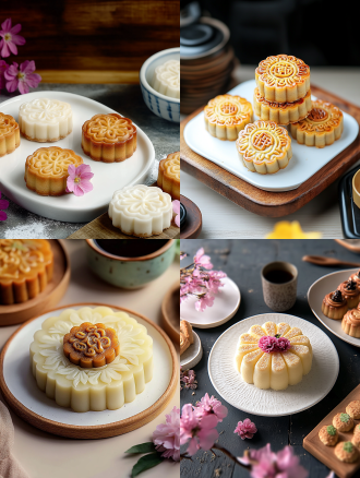 月饼产品摄影，白色盘子，小花背景，浅色电商场景，电影灯光，柔和高分辨率，细节丰富，专业色彩分级，超现实库存照片，白色背景，自然光，微距镜头，静物，精致，诱人。宁静氛围，白色背景，微距镜头拍摄，清新。