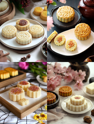 月饼产品摄影，白色盘子，小花背景，浅色电商场景，电影灯光，柔和高分辨率，细节丰富，专业色彩分级，超现实库存照片，白色背景，自然光，微距镜头，静物，精致，诱人。宁静氛围，白色背景，微距镜头拍摄，清新。