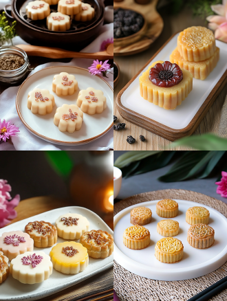 月饼产品摄影，白色盘子，小花背景，浅色电商场景，电影灯光，柔和高分辨率，细节丰富，专业色彩分级，超现实库存照片，白色背景，自然光，微距镜头，静物，精致，诱人。宁静氛围，白色背景，微距镜头拍摄，清新。