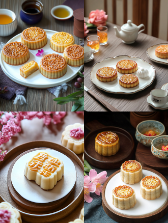 月饼产品摄影，白色盘子，小花背景，浅色电商场景，电影灯光，柔和高分辨率，细节丰富，专业色彩分级，超现实库存照片，白色背景，自然光，微距镜头，静物，精致，诱人。宁静氛围，白色背景，微距镜头拍摄，清新。