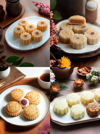 月饼产品摄影，白色盘子，小花背景，浅色电商场景，电影灯光，柔和高分辨率，细节丰富，专业色彩分级，超现实库存照片，白色背景，自然光，微距镜头，静物，精致，诱人。宁静氛围，白色背景，微距镜头拍摄，清新。