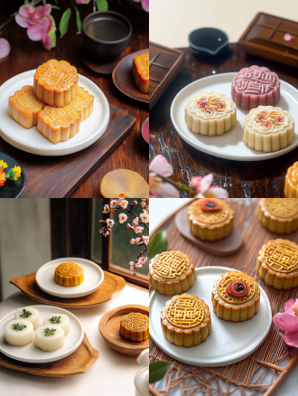 月饼产品摄影，白色盘子，小花背景，浅色电商场景，电影灯光，柔和高分辨率，细节丰富，专业色彩分级，超现实库存照片，白色背景，自然光，微距镜头，静物，精致，诱人。宁静氛围，白色背景，微距镜头拍摄，清新。