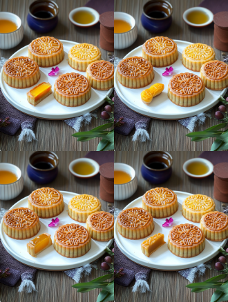 月饼产品摄影，白色盘子，小花背景，浅色电商场景，电影灯光，柔和高分辨率，细节丰富，专业色彩分级，超现实库存照片，白色背景，自然光，微距镜头，静物，精致，诱人。宁静氛围，白色背景，微距镜头拍摄，清新。