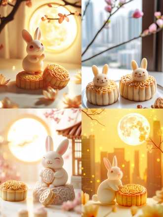 小兔子与月饼，月亮，明亮背景，城市与月饼元素融合，精致细节，柔美色调，柔和光线，广角镜头，自然光，温馨氛围，仰视角度，兔子微笑，月饼精致，月亮圆润，城市夜景，细节丰富，色彩柔和，光线温暖，情感温馨。温暖色调，节日氛围，宁静氛围，白色背景，长焦镜头，清新。