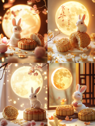小兔子与月饼，月亮，明亮背景，城市与月饼元素融合，精致细节，柔美色调，柔和光线，广角镜头，自然光，温馨氛围，仰视角度，兔子微笑，月饼精致，月亮圆润，城市夜景，细节丰富，色彩柔和，光线温暖，情感温馨。温暖色调，节日氛围，宁静氛围，白色背景，长焦镜头，清新。