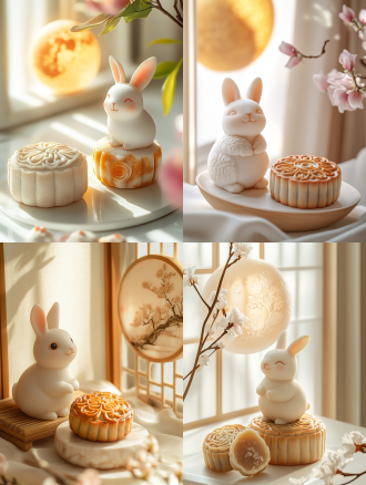 小兔子与月饼，月亮，明亮背景，城市与月饼元素融合，精致细节，柔美色调，柔和光线，广角镜头，自然光，温馨氛围，仰视角度，兔子微笑，月饼精致，月亮圆润，城市夜景，细节丰富，色彩柔和，光线温暖，情感温馨。温暖色调，节日氛围，宁静氛围，白色背景，长焦镜头，清新。