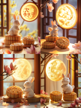 小兔子与月饼，月亮，明亮背景，城市与月饼元素融合，精致细节，柔美色调，柔和光线，广角镜头，自然光，温馨氛围，仰视角度，兔子微笑，月饼精致，月亮圆润，城市夜景，细节丰富，色彩柔和，光线温暖，情感温馨。温暖色调，节日氛围，宁静氛围，白色背景，长焦镜头，清新。