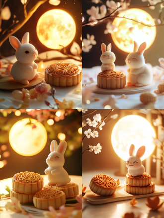 小兔子与月饼，月亮，明亮背景，城市与月饼元素融合，精致细节，柔美色调，柔和光线，广角镜头，自然光，温馨氛围，仰视角度，兔子微笑，月饼精致，月亮圆润，城市夜景，细节丰富，色彩柔和，光线温暖，情感温馨。温暖色调，节日氛围，宁静氛围，白色背景，长焦镜头，清新。