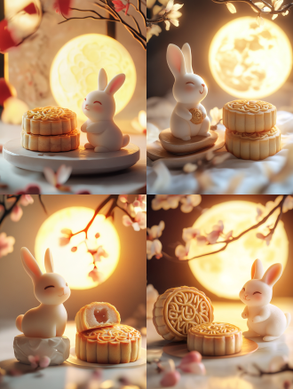 小兔子与月饼，月亮，明亮背景，城市与月饼元素融合，精致细节，柔美色调，柔和光线，广角镜头，自然光，温馨氛围，仰视角度，兔子微笑，月饼精致，月亮圆润，城市夜景，细节丰富，色彩柔和，光线温暖，情感温馨。温暖色调，节日氛围，宁静氛围，白色背景，长焦镜头，清新。