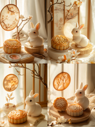 小兔子与月饼，月亮，明亮背景，城市与月饼元素融合，精致细节，柔美色调，柔和光线，广角镜头，自然光，温馨氛围，仰视角度，兔子微笑，月饼精致，月亮圆润，城市夜景，细节丰富，色彩柔和，光线温暖，情感温馨。温暖色调，节日氛围，宁静氛围，白色背景，长焦镜头，清新。