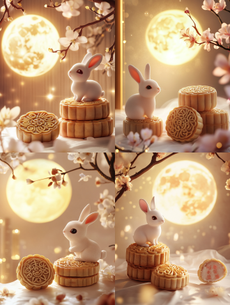 小兔子与月饼，月亮，明亮背景，城市与月饼元素融合，精致细节，柔美色调，柔和光线，广角镜头，自然光，温馨氛围，仰视角度，兔子微笑，月饼精致，月亮圆润，城市夜景，细节丰富，色彩柔和，光线温暖，情感温馨。温暖色调，节日氛围，宁静氛围，白色背景，长焦镜头，清新。