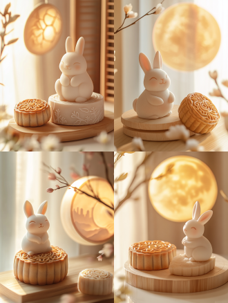 小兔子与月饼，月亮，明亮背景，城市与月饼元素融合，精致细节，柔美色调，柔和光线，广角镜头，自然光，温馨氛围，仰视角度，兔子微笑，月饼精致，月亮圆润，城市夜景，细节丰富，色彩柔和，光线温暖，情感温馨。温暖色调，节日氛围，宁静氛围，白色背景，长焦镜头，清新。