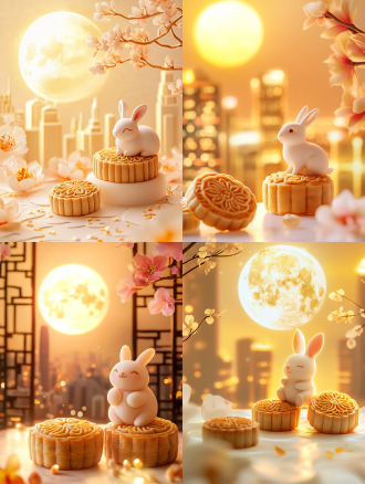 小兔子与月饼，月亮，明亮背景，城市与月饼元素融合，精致细节，柔美色调，柔和光线，广角镜头，自然光，温馨氛围，仰视角度，兔子微笑，月饼精致，月亮圆润，城市夜景，细节丰富，色彩柔和，光线温暖，情感温馨。温暖色调，节日氛围，宁静氛围，白色背景，长焦镜头，清新。