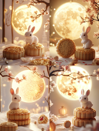 小兔子与月饼，月亮，明亮背景，城市与月饼元素融合，精致细节，柔美色调，柔和光线，广角镜头，自然光，温馨氛围，仰视角度，兔子微笑，月饼精致，月亮圆润，城市夜景，细节丰富，色彩柔和，光线温暖，情感温馨。温暖色调，节日氛围，宁静氛围，白色背景，长焦镜头，清新。