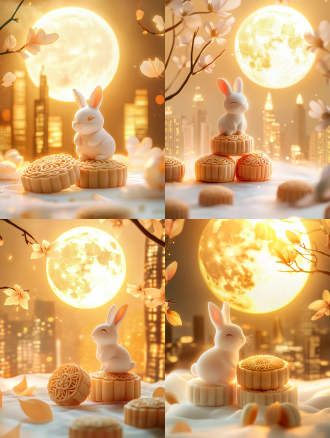 小兔子与月饼，月亮，明亮背景，城市与月饼元素融合，精致细节，柔美色调，柔和光线，广角镜头，自然光，温馨氛围，仰视角度，兔子微笑，月饼精致，月亮圆润，城市夜景，细节丰富，色彩柔和，光线温暖，情感温馨。温暖色调，节日氛围，宁静氛围，白色背景，长焦镜头，清新。