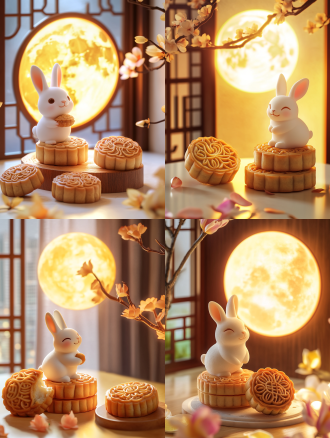 小兔子与月饼，月亮，明亮背景，城市与月饼元素融合，精致细节，柔美色调，柔和光线，广角镜头，自然光，温馨氛围，仰视角度，兔子微笑，月饼精致，月亮圆润，城市夜景，细节丰富，色彩柔和，光线温暖，情感温馨。温暖色调，节日氛围，宁静氛围，白色背景，长焦镜头，清新。