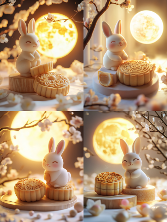 小兔子与月饼，月亮，明亮背景，城市与月饼元素融合，精致细节，柔美色调，柔和光线，广角镜头，自然光，温馨氛围，仰视角度，兔子微笑，月饼精致，月亮圆润，城市夜景，细节丰富，色彩柔和，光线温暖，情感温馨。温暖色调，节日氛围，宁静氛围，白色背景，长焦镜头，清新。