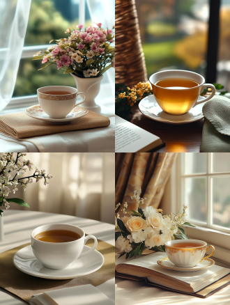 书，茶杯，静物摄影，1:1.5比例，窗户，摄影棚，透视构图，柔光，细节清晰，静态，典雅，温暖色调，冷静。 充满阳光，白色背景， 摄影纪实 特写 玻璃 极简主义，精致细节，柔美色调，自然光，温馨氛围，细节丰富，情感温馨。宁静氛围，白色背景，微距镜头，清新。