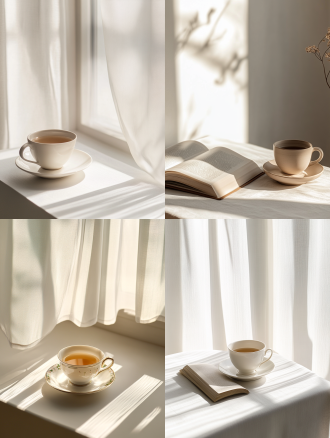 书，茶杯，静物摄影，1:1.5比例，窗户，摄影棚，透视构图，柔光，细节清晰，静态，典雅，温暖色调，冷静。 充满阳光，白色背景， 摄影纪实 特写 玻璃 极简主义，精致细节，柔美色调，自然光，温馨氛围，细节丰富，情感温馨。宁静氛围，白色背景，微距镜头，清新。