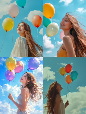 女子手抓着气球绳子，长发飘飘，侧面，微笑，5个气球飘，色彩缤纷，32k画质，蓝天白云，饱满立体感，广角镜头，明亮光线，飘动，欢快活泼，视觉冲击，多彩情绪。画面清晰。
