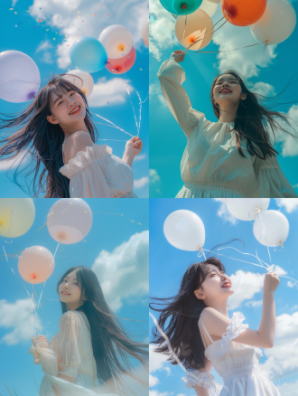 东方女子，正面，微笑，愉快情绪，女子手抓着气球绳子，黑色长发飘飘，背影，明亮光线，快门拍摄，5个气球飘，32k画质，蓝天白云，饱满立体感，广角镜头，明亮光线，欢快活泼，视觉冲击。画面清晰。