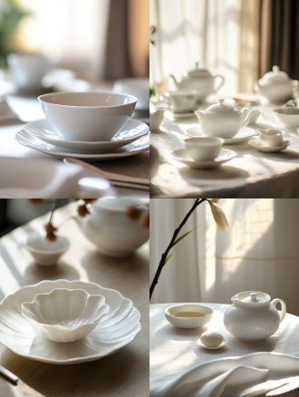 中国衢州主题餐具，白色精致瓷器，圆形餐桌，中式风格，细腻纹理，自然光，微距镜头，静物，和谐，淡雅色彩，宁静。