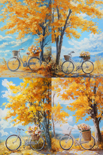 请画一幅秋天风景油画。黄色枫叶，几棵枫叶树，树下有一辆自行车，自行车篮子里有一束花，蓝色的天空，景色优美，宫崎骏的风格。