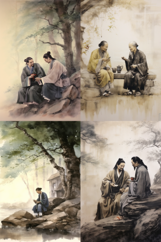 古代中国，兄弟们面对面坐着，交谈，山水画卷，长袍飘逸，微笑，室内，国画风格，水墨画，柔和色调，和谐，宁静。