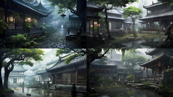 江南烟雨风格庭院，疗愈，古朴的木质屋檐，水从檐角滴落，庭院，青石铺地，石凳，翠绿竹林，古典茶室，敞开的木窗，茶具冒着烟吗，青瓷茶杯，朦胧的远山，烟雨蒙蒙，