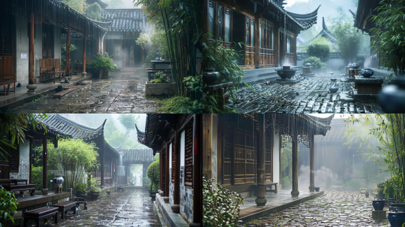 江南烟雨风格庭院，疗愈，古朴的木质屋檐，水从檐角滴落，庭院，青石铺地，石凳，翠绿竹林，古典茶室，敞开的木窗，茶具冒着烟吗，青瓷茶杯，朦胧的远山，烟雨蒙蒙，