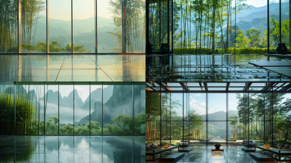 巨大的玻璃落地窗，玻璃窗外是翠绿竹子，朦胧的远山，远景拍摄