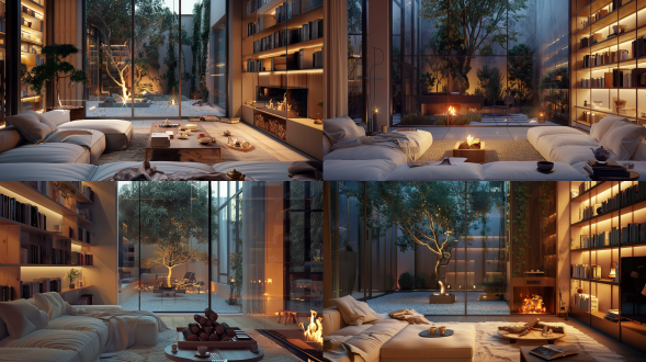 白色沙发，温暖的灯光，壁炉里有柴火，书架，现代装饰，巨大的玻璃落地窗，玻璃窗外是庭院，干净，有一棵树，叶子青绿，茶桌，茶具，中景拍摄，高清