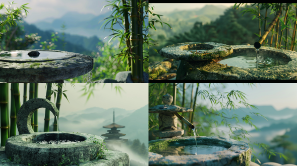 石圆盘，旁边竹子水龙头流出水，大特写，檐角，圆形石灯，翠绿竹子，朦胧的远山，高清，真实