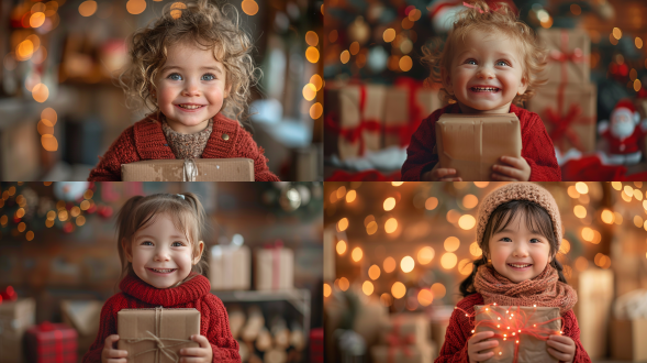 close-up of a child laughing while holding a box, wearing red clothes, against a minimalist indoor background, with bright and soft lighting, realistic details, ultra-high-definition rendering, photography style, warm. photographic documentation.,,in clothes