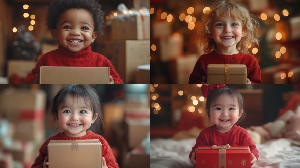 close-up of a child laughing while holding a box, wearing red clothes, against a minimalist indoor background, with bright and soft lighting, realistic details, ultra-high-definition rendering, photography style, warm. photographic documentation.,,in clothes
