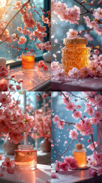 蜂蜜礼盒置于浅粉台面，蓝天为背景，粉樱枝摇花落，三分构图，清新甜美风，长焦镜头，侧逆光，暖色调，浪漫。