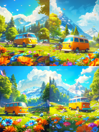 可爱绿厢式货车旁有彩花，停在草山森林前，旁有野餐桌，云空花瓣飞，皮克斯风，3d渲染，高分辨率，亮色，柔光，4k。