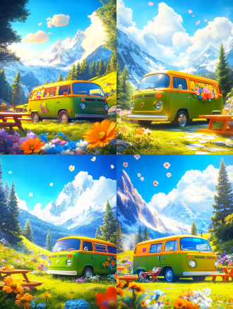 可爱绿面包车侧面有彩花，停在草山森林前，旁有野餐桌，云空花瓣飞，皮克斯风，卡通插画，4k，高分辨率，亮色调，柔光。