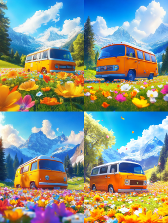 露营车停花海，绿树雪山环绕，三分法构图，暖光，大光圈，长焦镜头，蓝天白云，花瓣飘舞，宁静美好。