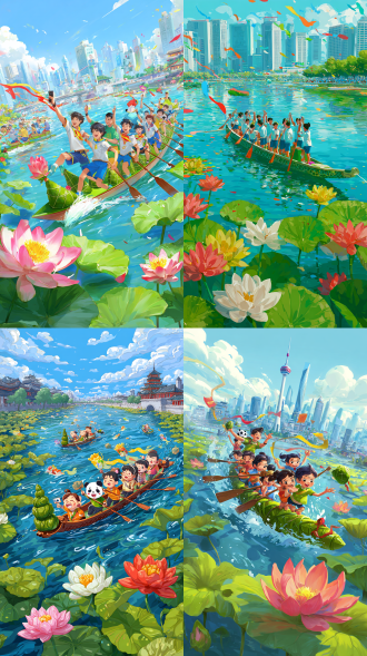 45度仰拍视角，高饱和的颜色，3d卡通风格，前景青年划龙舟群像：手持粽子自拍的大学生、挥舞彩带的女生、划着龙舟奋力前行的男生。动作夸张生动，城市背景呈现成都熊猫景象，高清无虚化，微距镜头突出盛开的荷花和绿色粽子细节，整体蓝绿色主调。