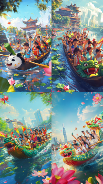 45度仰拍视角，高饱和的颜色，3d卡通风格，前景青年划龙舟群像：手持粽子自拍的大学生、挥舞彩带的女生、划着龙舟奋力前行的男生。动作夸张生动，城市背景呈现成都熊猫景象，高清无虚化，微距镜头突出盛开的荷花和绿色粽子细节，整体蓝绿色主调。