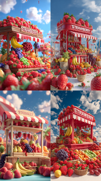 master masterpiece,c4d rendering,highres,the picture presents the theme scene of summer fruits,with a head-up front. the center of the picture is a fruit stall,occupying 80% of the space of the picture. with "strawberry" as the main element,the fruit stall container is displayed with strawberries,bananas,pears,grapes and other fruits,complete fingers,five fingers,blue sky and white clouds in the background,permeated with summer atmosphere,fresh and bright color style,full of summer vitality,