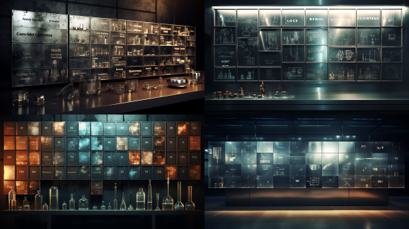 化学周期元素表，不锈钢材质，金属质感，极简风格，墙面，暗色背景，均匀散射光，清晰细节，科技感，实景拍摄，高光处理，反射效果，冷色调，现代感，专业氛围。